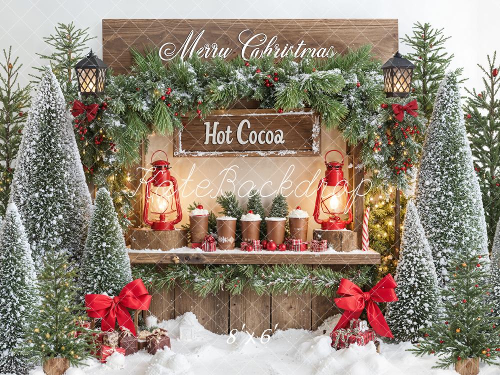 Kate Christmas Hot Cocoa Stand Snowy Pine Trees Lantern Backdrop Designed by Emetselch