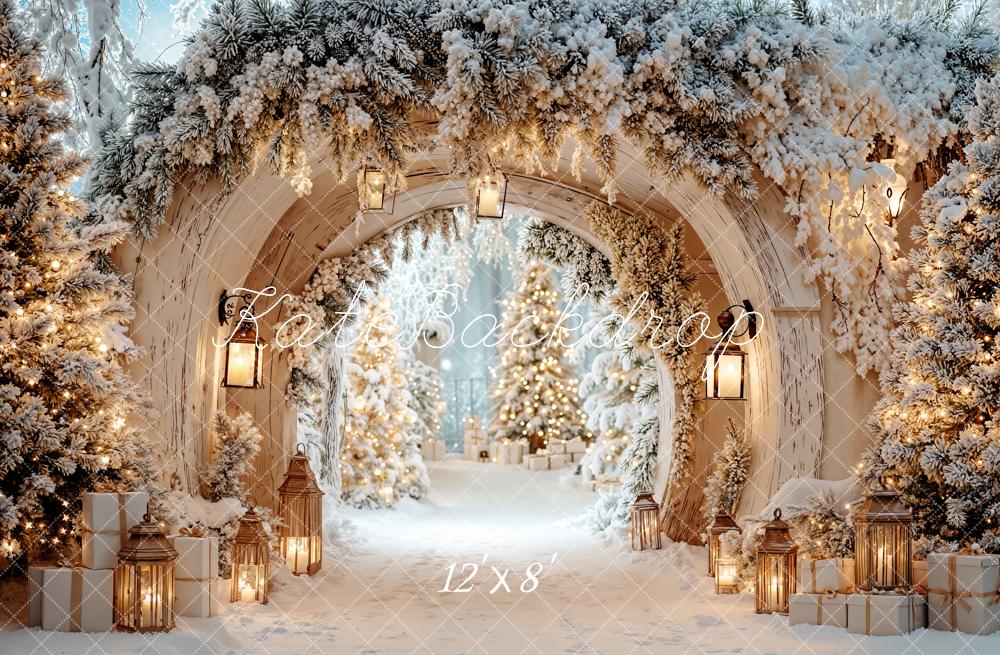 Kate Christmas Snowy Archway Lanterns Pine Trees Backdrop Designed by Emetselch
