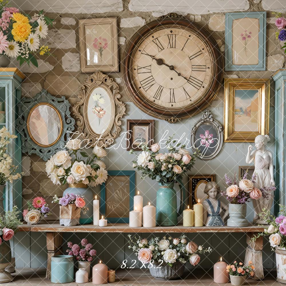 Kate Vintage Wall Clock Floral Cabinets Busts Candles Backdrop Designe