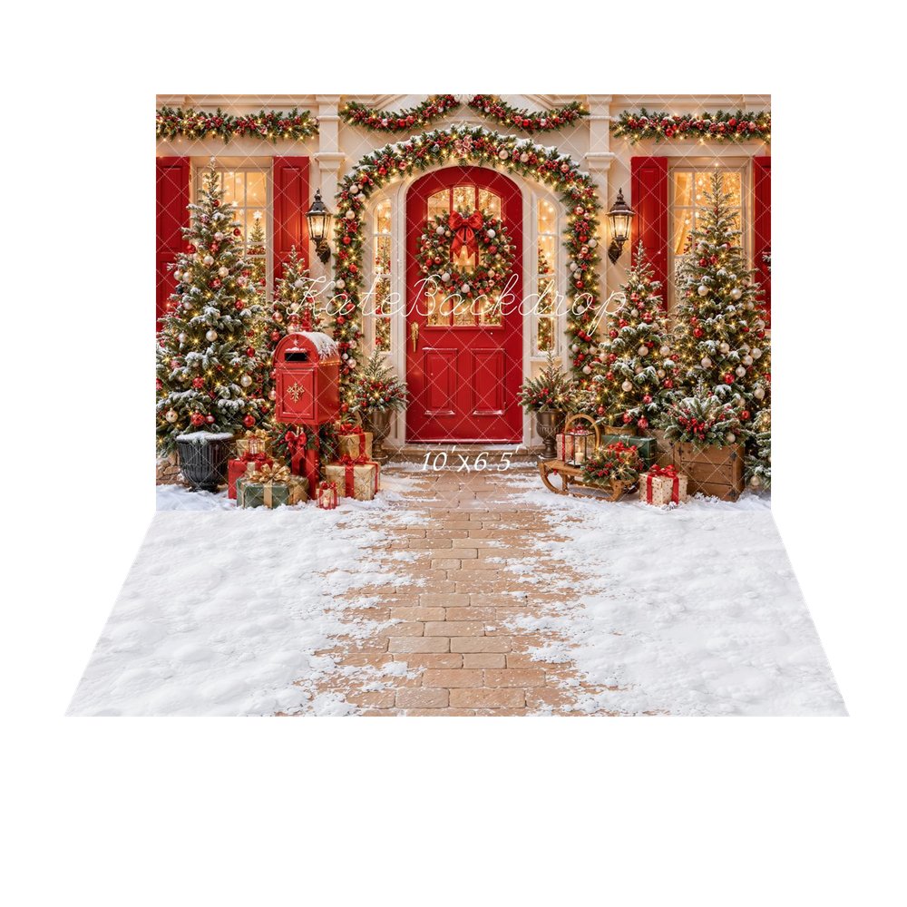 Kate Christmas Red Door Wreath Garland Trees Mailbox Printed Backdrop+Winter Snow Brick Floor Printed Backdrop