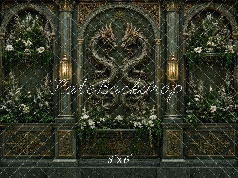 Kate Fantasy Dragon Gothic Arch Dark Green Wall Printed Backdrop Designed by Vertigo Productions