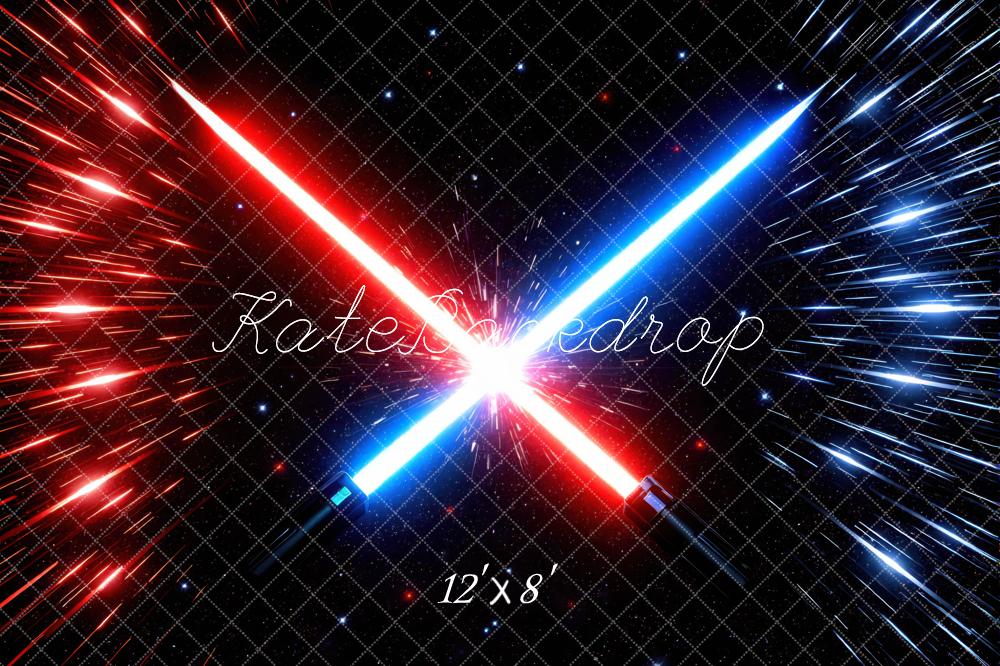 Kate Red Blue Laser Swords Space Burst Printed Backdrop Designed by Mini MakeBelieve
