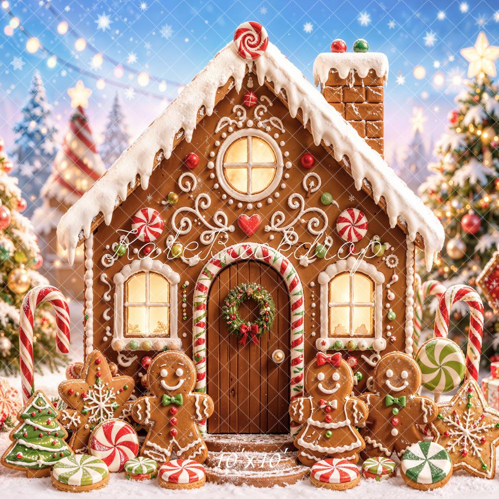 Kate Christmas Gingerbread House Candy Cane Snowman Printed Backdrop Designed by Chain Photography