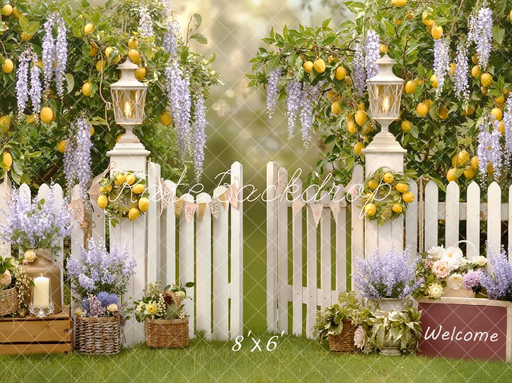 Kate Spring Lemon Tree White Picket Fence Lantern Flowers Backdrop Designed by Emetselch