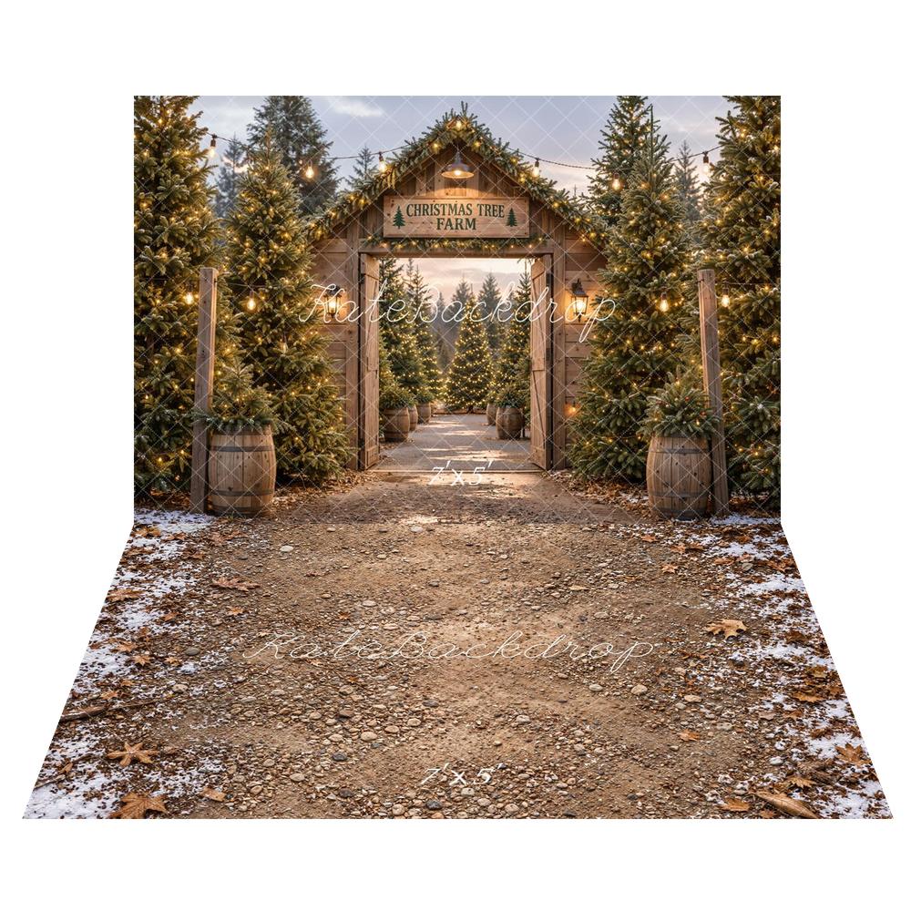 Kate Christmas Tree Farm Gate Wood Rustic Printed Backdrop+Winter Snowy Dirt Path Withered Leaves Floor Printed Backdrop