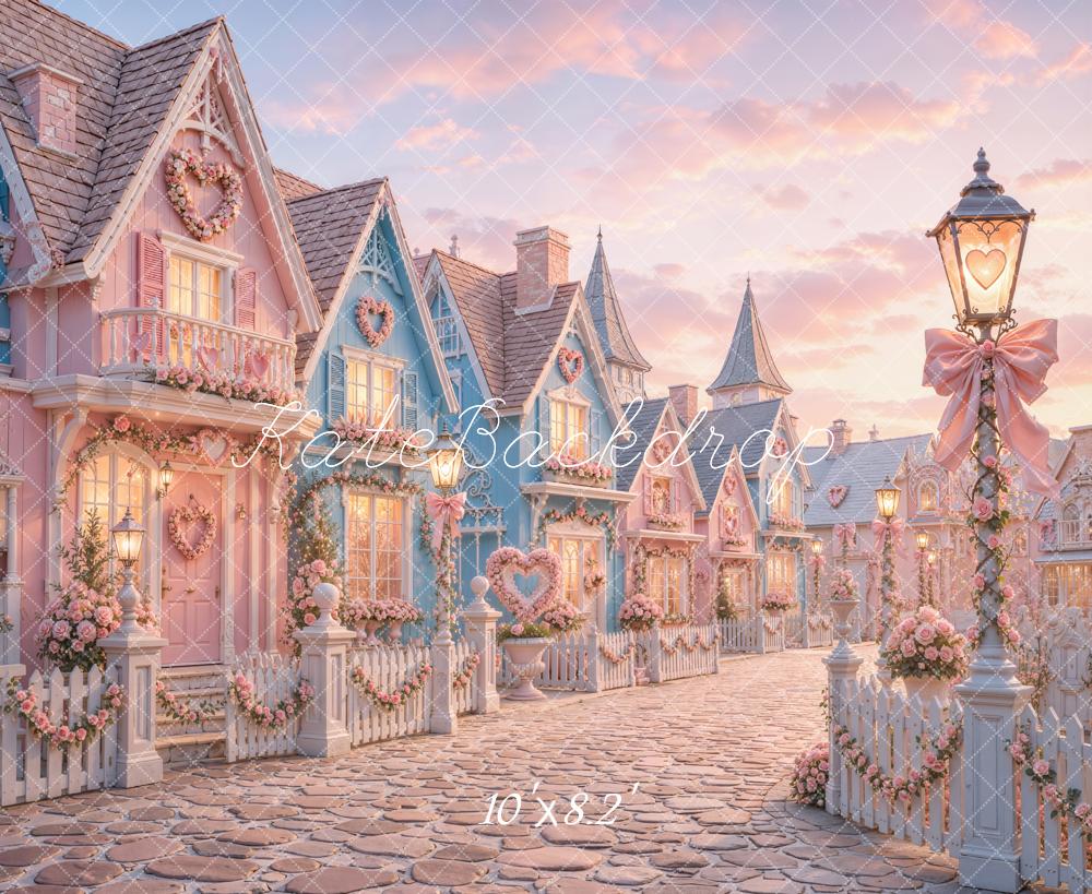 Kate Valentine's Day Street Pink Heart Cottage Village Printed Backdrop Designed by Chain Photography