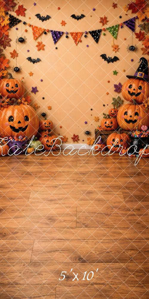 Kate Sweep Halloween Cute Pumpkins Party Garland Bats Leaves Printed Backdrop Designed by Vertigo Productions
