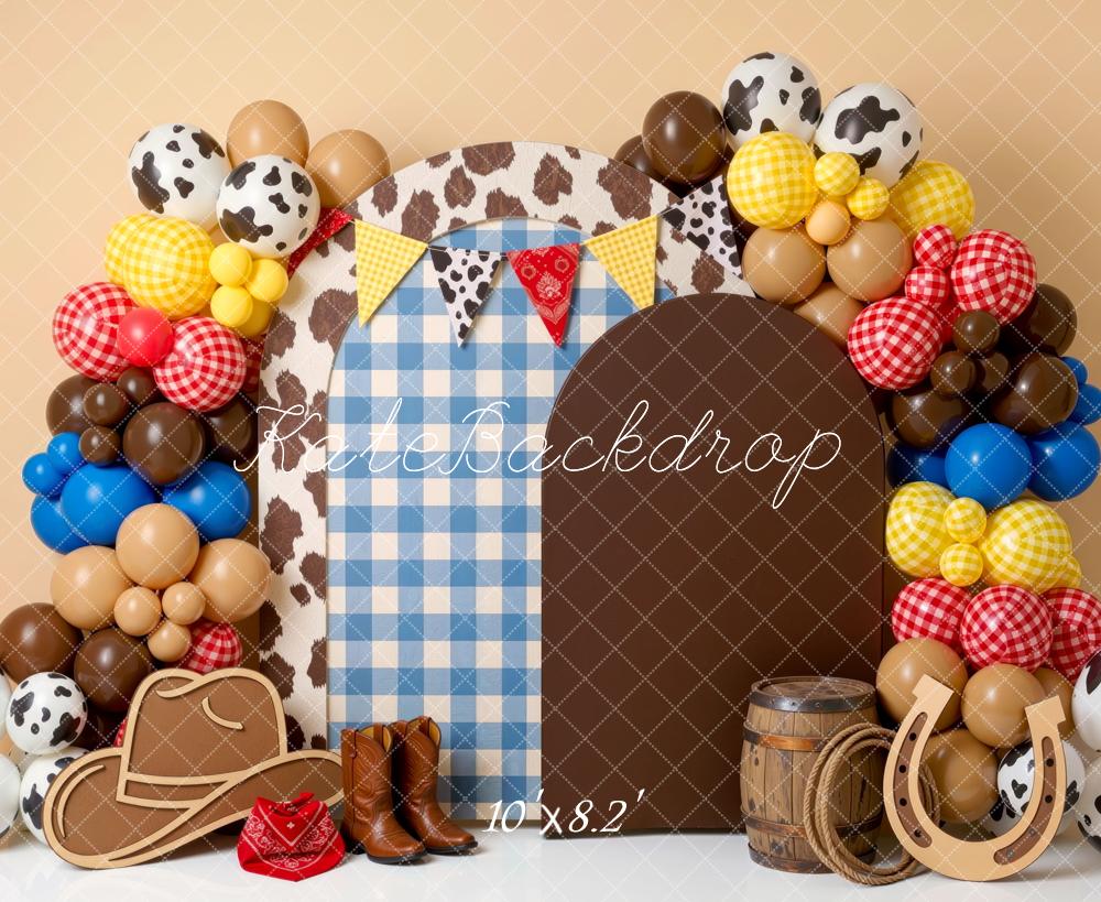 Kate Cake Smash Western Cowboy Cowhide Balloon Arch Brown Printed Backdrop Designed by Mini MakeBelieve