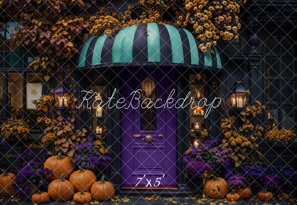 Kate Halloween Purple Door Pumpkins Flowers Awning Backdrop Designed by Emetselch