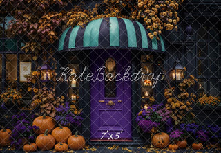 Kate Halloween Purple Door Pumpkins Flowers Awning Printed Backdrop Designed by Emetselch