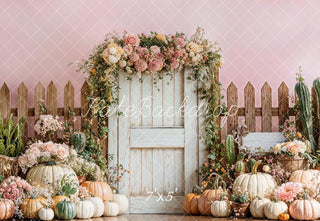 Kate Fall Floral Pumpkin Door Fence Pink Printed Backdrop Designed by Emetselch