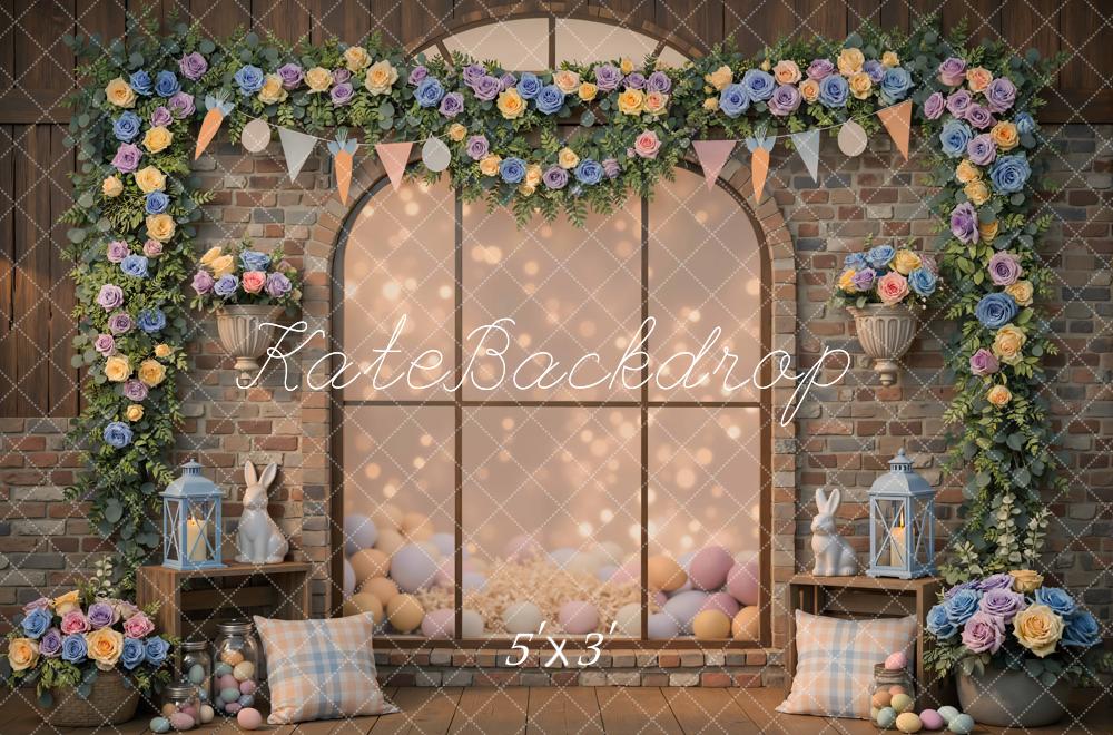 Kate Easter Bunny Flower Arch Pastel Eggs Bokeh Brick Wall Backdrop Designed by Mini MakeBelieve