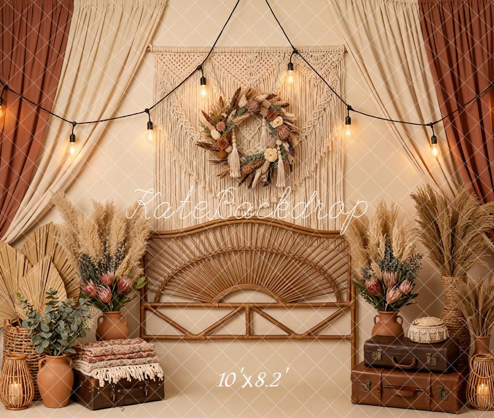 Kate Boho Macrame Wreath Pampas Grass Rattan Bench Backdrop Designed by Emetselch