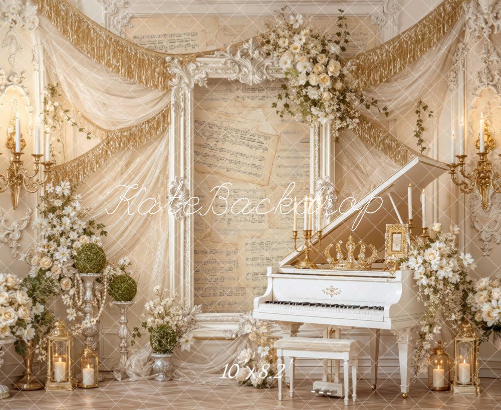 Kate Spring Ivory Grand Piano Floral Framed Printed Backdrop Designed by Mini MakeBelieve