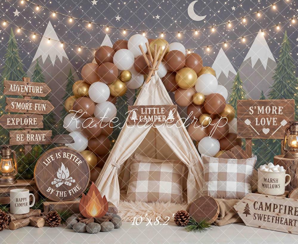 Kate Cake Smash Camping Tent Forest Campfire String Lights Printed Backdrop Designed by Mini MakeBelieve