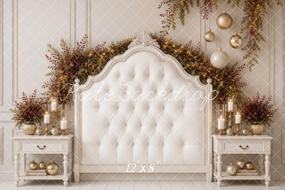 Kate Christmas White Tufted Headboard Garland Nightstands Printed Backdrop Designed by Ashley Ward