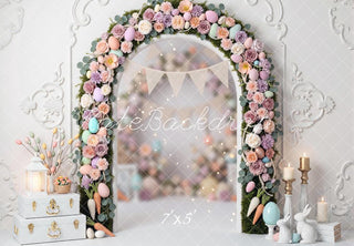 Kate Easter Bunny Flower Arch Pastel Eggs Printed Backdrop Designed by Mini MakeBelieve