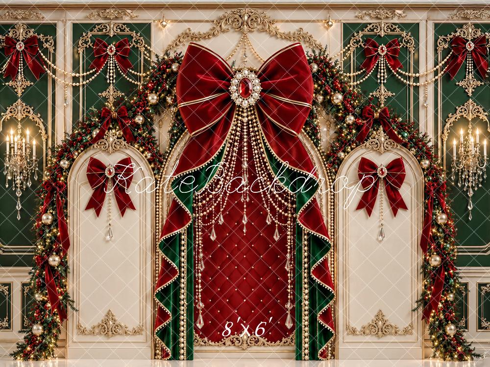 Kate Christmas Baroque Red Bow Wreath Ornate Printed Backdrop Designed by Ashley Paul