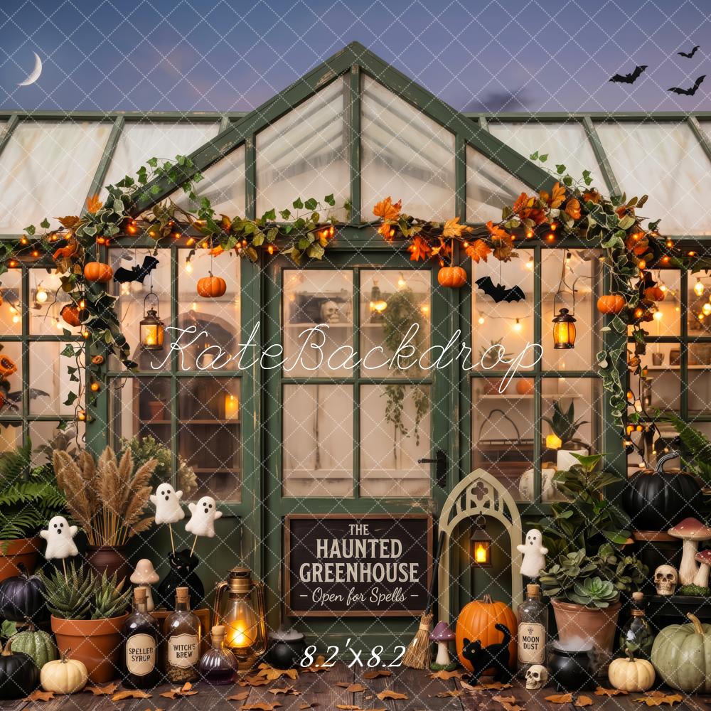 Kate Halloween Haunted Greenhouse Pumpkins Leaves Printed Backdrop Designed by Patty Roberts