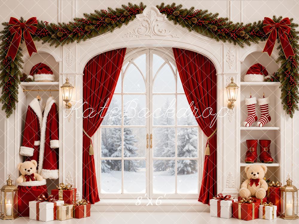 Kate Christmas Window Garland Red Curtains Gifts Built-In Cabinet Printed Backdrop Designed by Emetselch