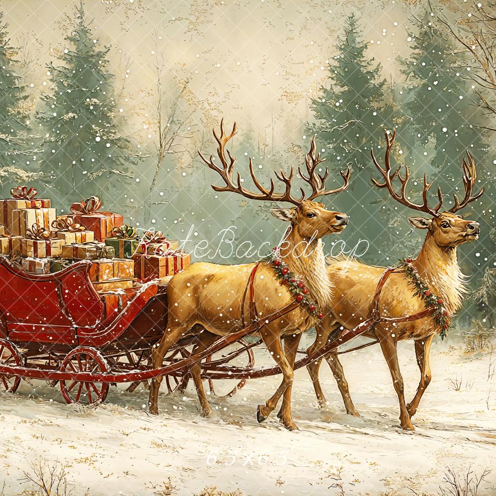 Kate Christmas Reindeer Sleigh Forest Snowy Backdrop Designed by Emetselch