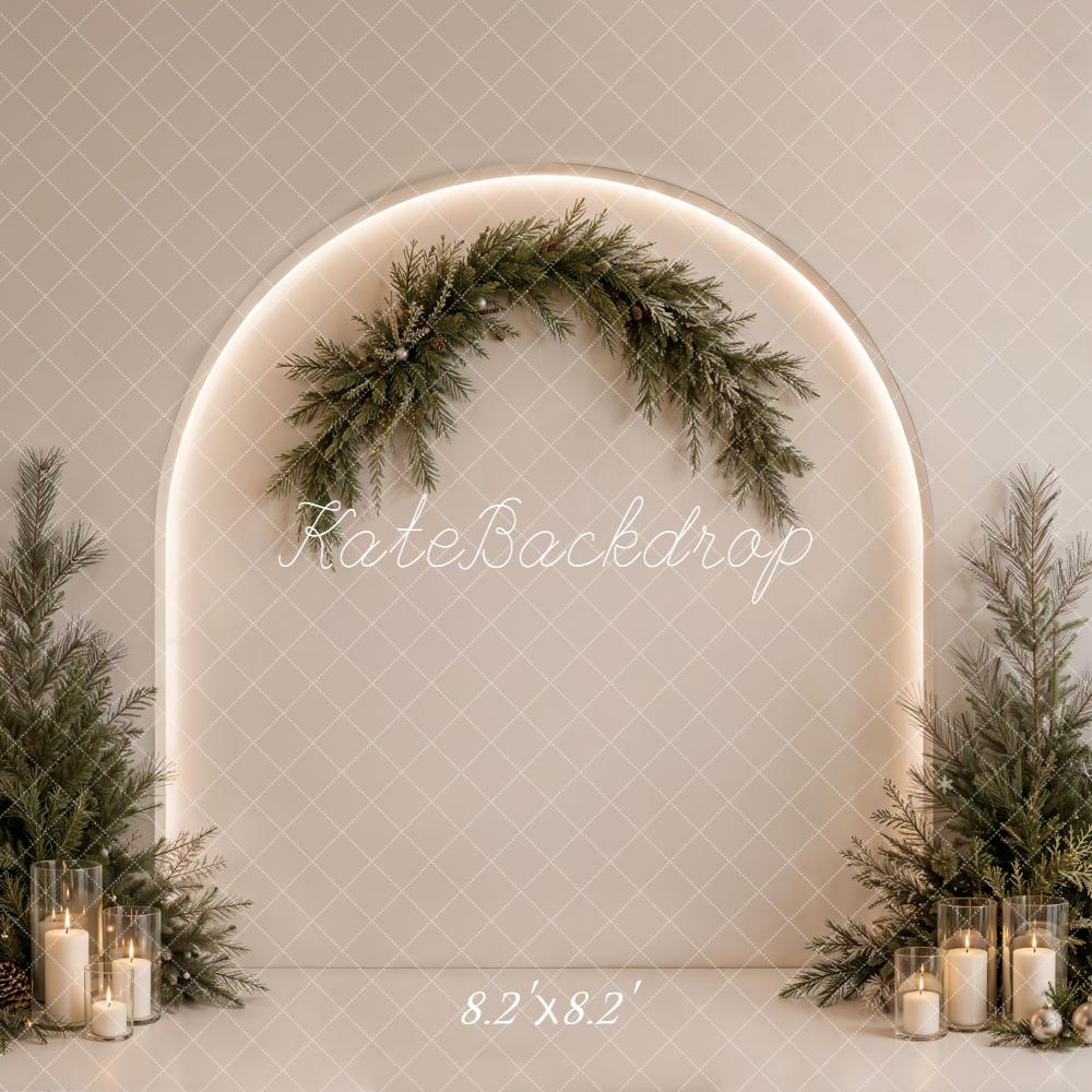 Kate Christmas Minimalist Beige Evergreen Arch Candlelight Printed Backdrop Designed by Emetselch