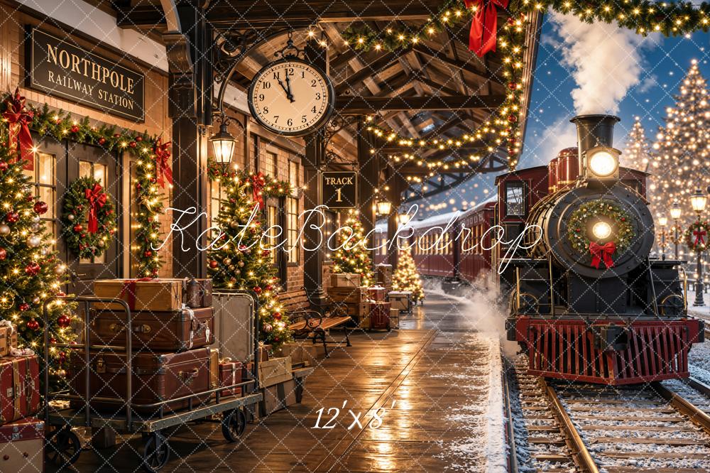 Kate Christmas Vintage Polar Train North Pole Station Printed Backdrop Designed by Emetselch