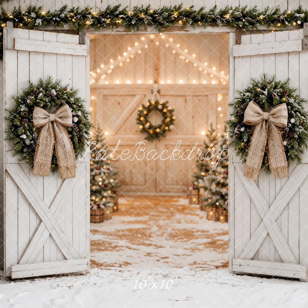 Kate Christmas White Barn Doors Wreaths Garland Bow Printed Backdrop Designed by Emetselch