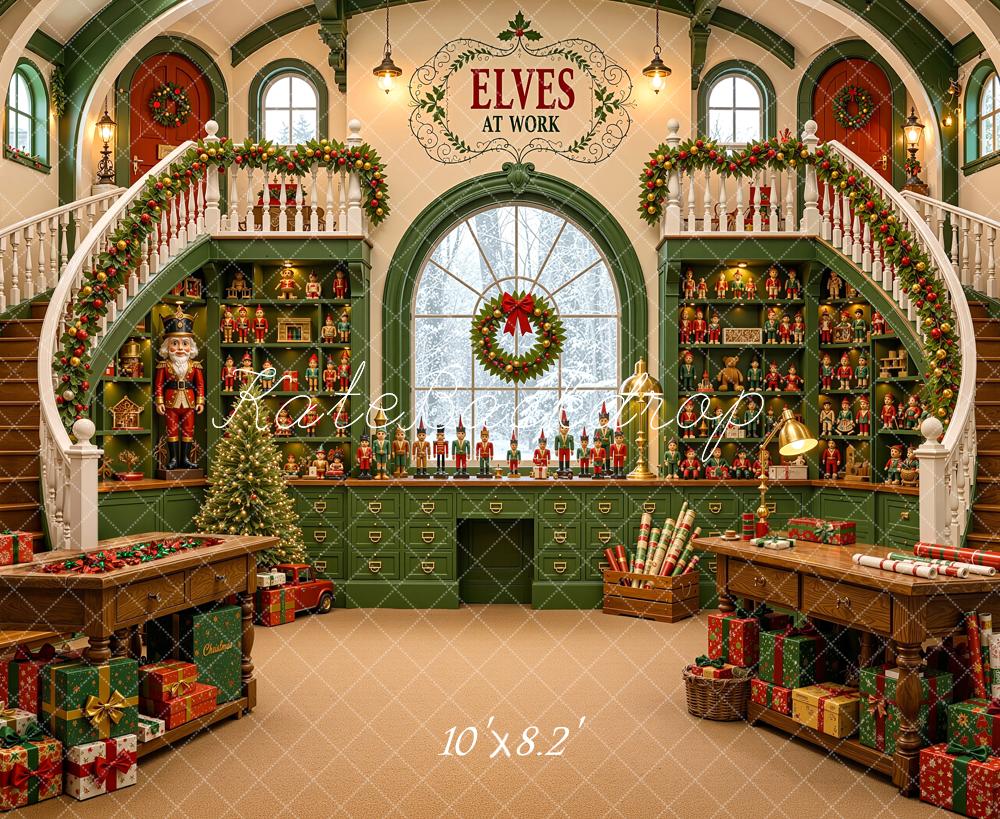 Kate Christmas Green Elves Toy Workshop Staircase Printed Backdrop Designed by Shutter Swan Studios