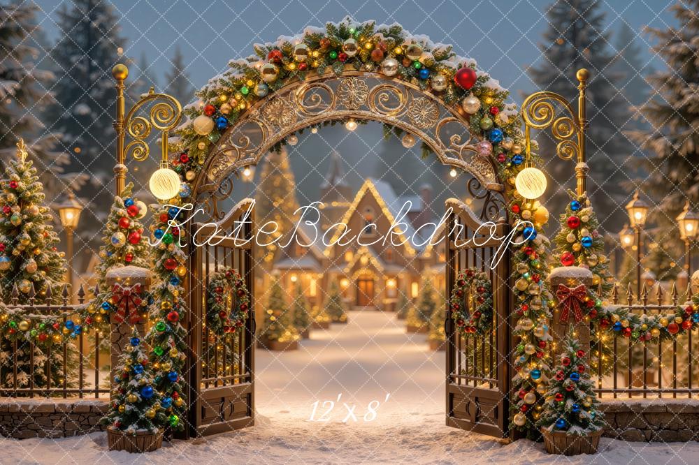 Kate Christmas Glow Colorful Village Gate Arch Snowy Ornament Printed Backdrop Designed by Mini MakeBelieve