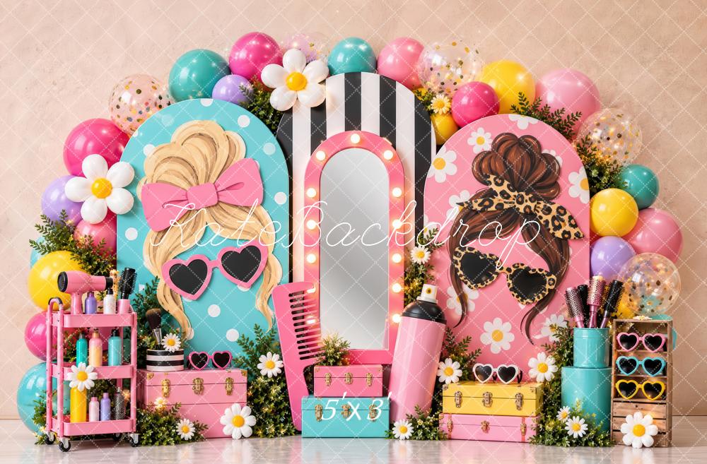 Kate Cake Smash Pink Retro Beauty Salon Vanity Mirror Printed Backdrop Designed by Laura Bybee