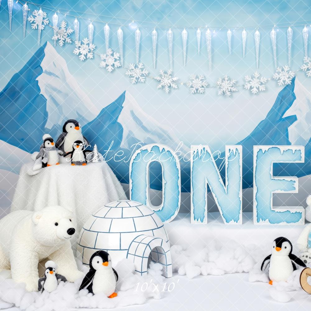 Kate First Birthday Winter Penguin Polar Bear Igloo Mountains Backdrop Designed by Patty Roberts