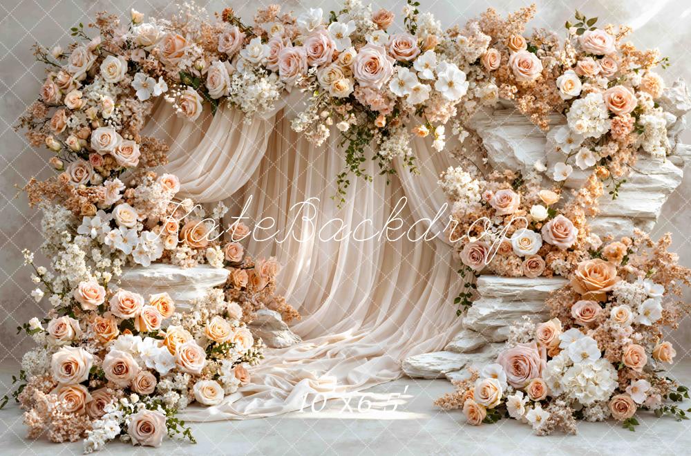 TEST Kate Flower Arch Cream Roses Stone Drapes Printed Backdrop Designed by Mini MakeBelieve