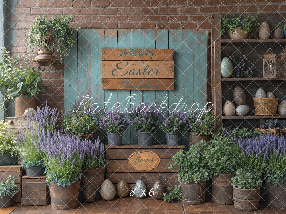Kate Easter Rustic Eggs Lavender Flowers Wood Shelves Backdrop Designed by Emetselch