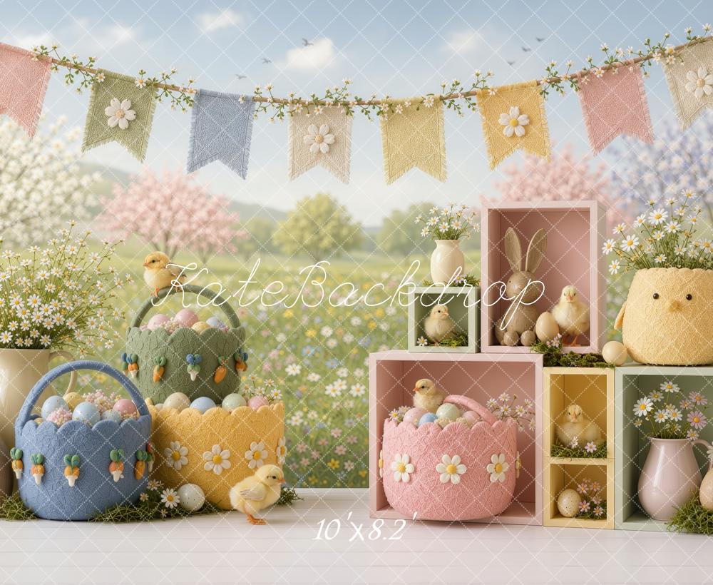 Kate Easter Cake Smash Garden Cute Chick Egg Baskets Wildflowers Printed Backdrop Designed by Ashley Ward