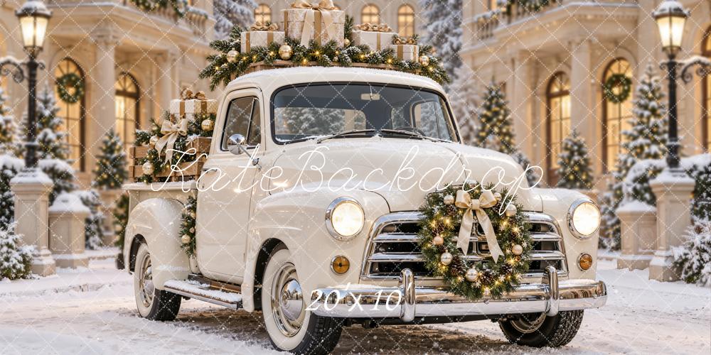 Kate Christmas Vintage Truck Gifts Snowy Courtyard Printed Backdrop Designed by Emetselch