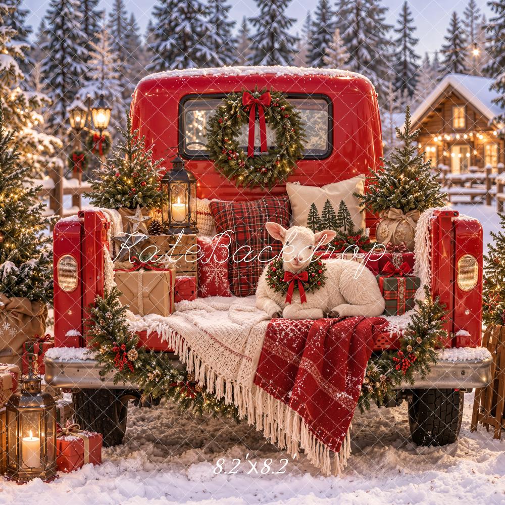 Kate Christmas Red Truck Sheep Gifts Snowy Trees Cabin Printed Backdrop Designed by Emetselch