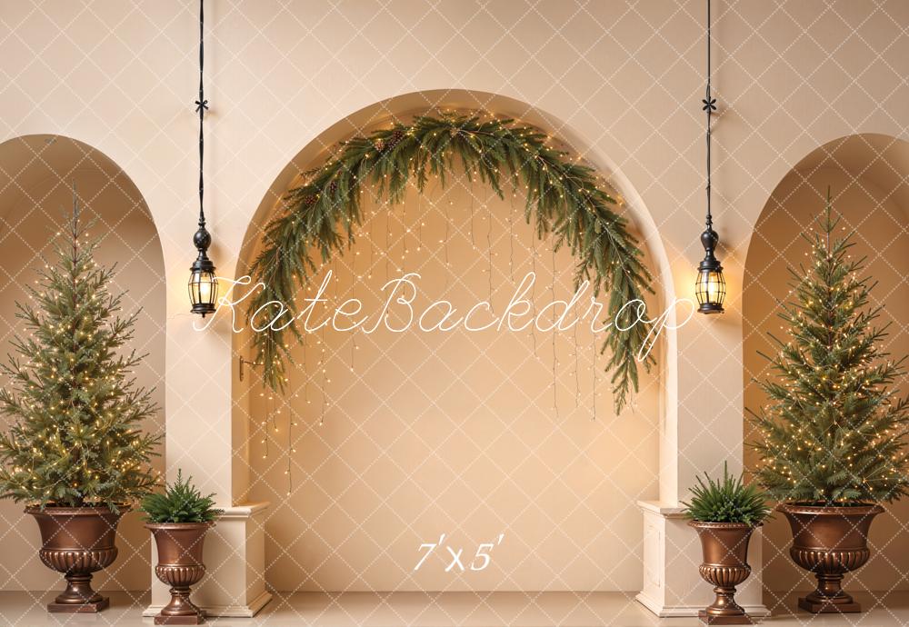 Kate Christmas Arched Wall Minimalist Greenery Trees Lanterns Printed Backdrop Designed by Emetselch