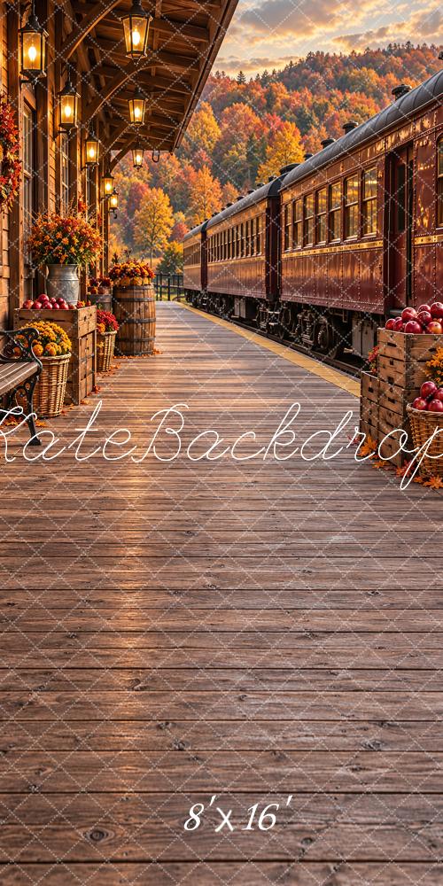 Kate Sweep Fall Train Station Platform Foliage Vintage Printed Backdrop Designed by Vertigo Productions