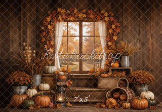 Kate Fall Pumpkins Window Maple Leaves Rustic Wood Printed Backdrop Designed by Emetselch