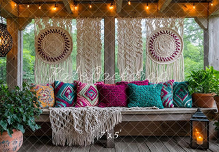 Boho Macrame Patio Bench Pillows Foto Achtergrond Designed by Mini MakeBelieve
