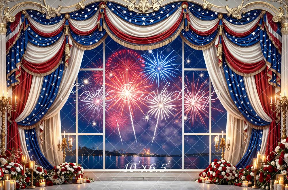 Kate Independence Day Window Fireworks Red White Blue Drapes Printed Backdrop Designed by Mini MakeBelieve