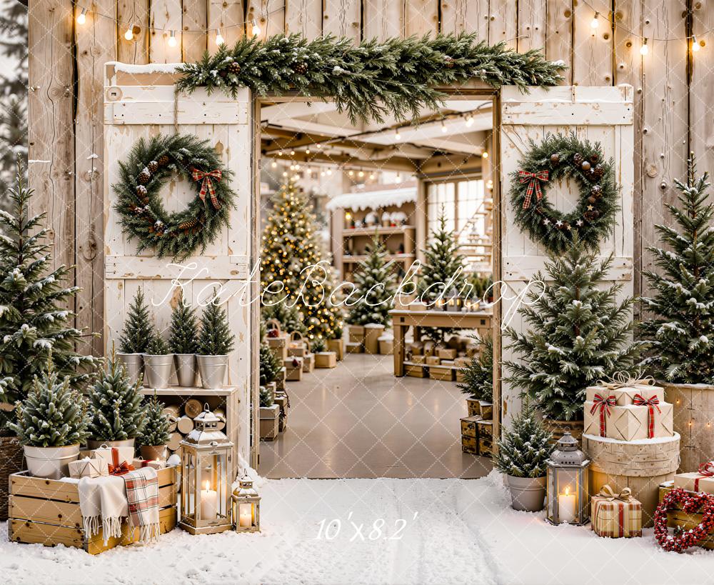 Kate Christmas Rustic Wood Cabin Door Evergreen Wreath Gifts Trees Printed Backdrop Designed by Emetselch