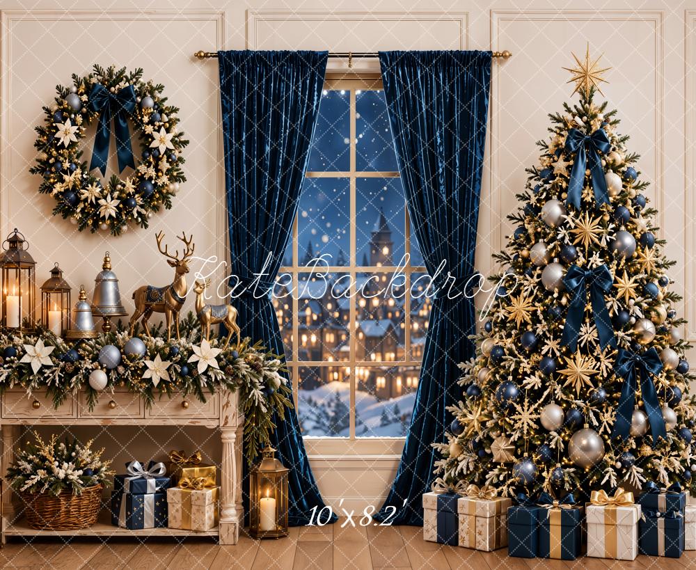Kate Christmas Navy Curtains Gold Tree Cabinet Wreath Printed Backdrop Designed by Emetselch