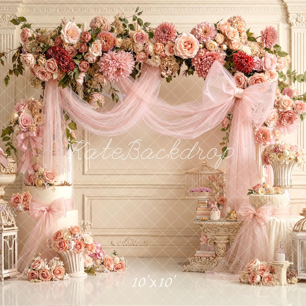 Kate Mother's Day Flower Arch Pink Roses Lanterns Birdcages Backdrop Designed by Emetselch