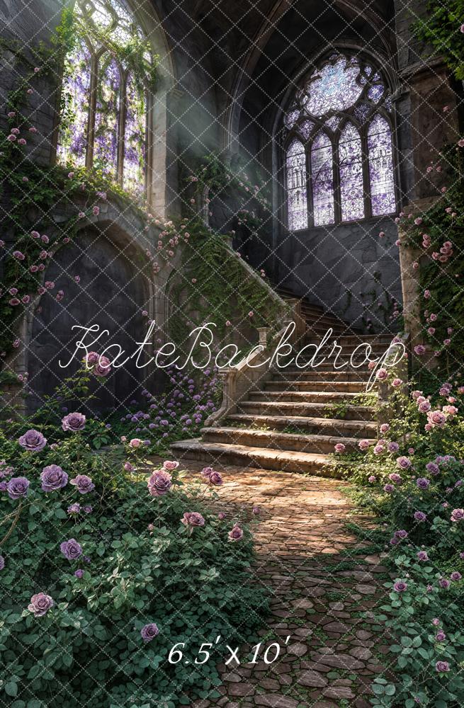 Kate Spring Cascading Stairs Stained Glass Rose Garden Printed Backdrop Designed by Chain Photography