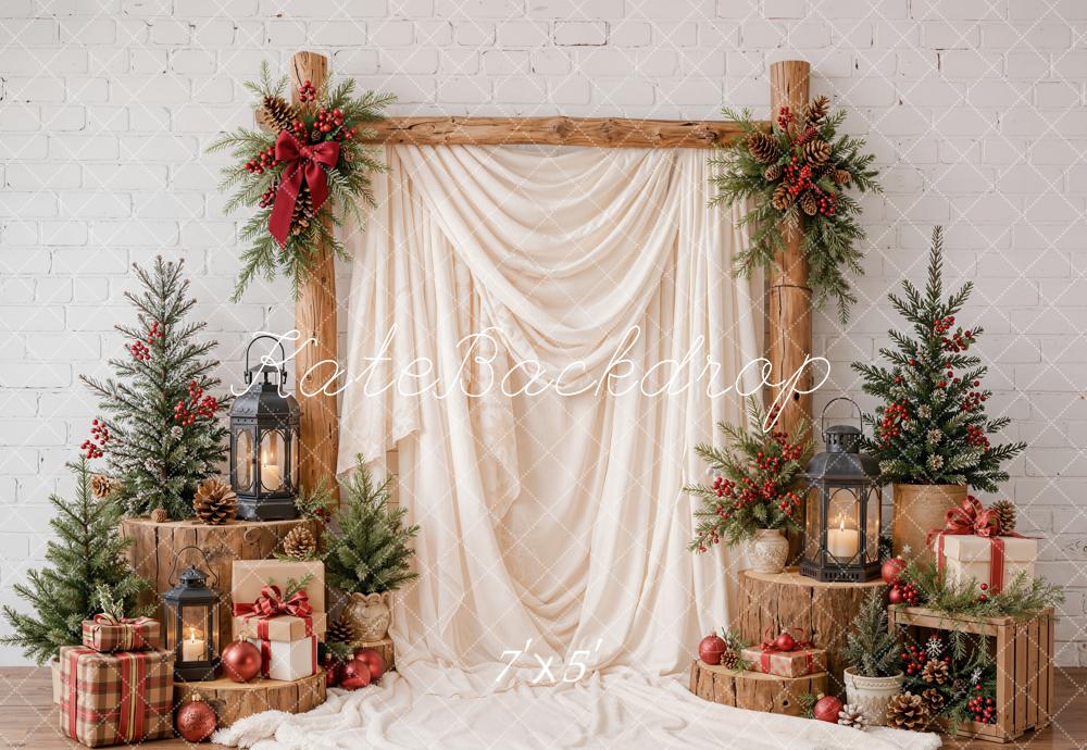 Kate Christmas Wood Arch Pine Trees White Drapes Lanterns Presents Printed Backdrop Designed by Emetselch