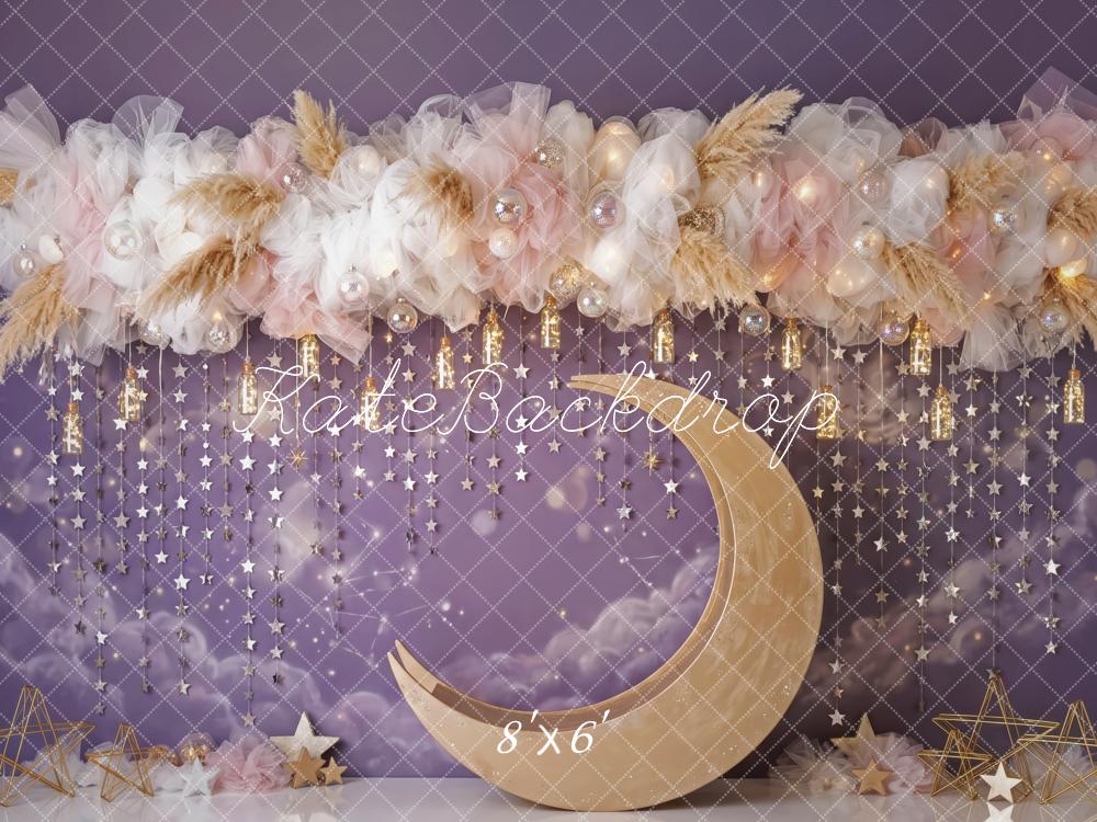Kate Birthday Purple Celestial Crescent Moon Floral Arch Printed Backdrop Designed by Patty Roberts