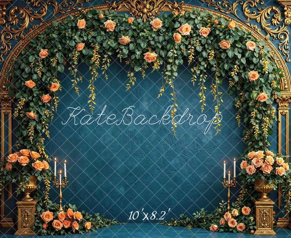 Kate Spring Flower Arch Gold Ornate Blue Floral Roses Printed Backdrop Designed by Mini MakeBelieve