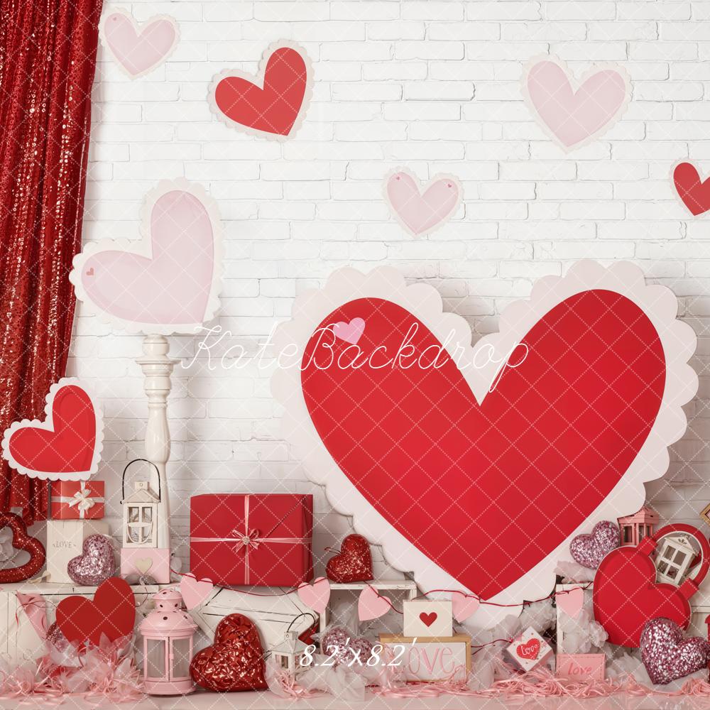 Kate Valentine's Day Red Hearts Gifts White Brick Wall Backdrop Designed by Emetselch
